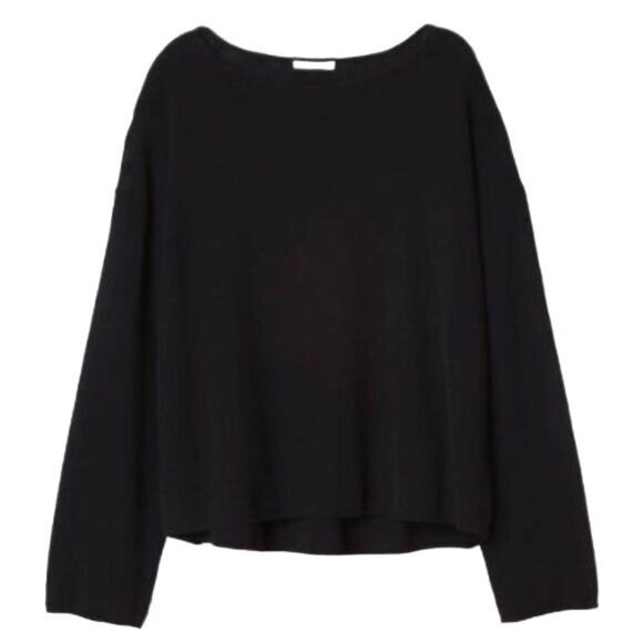 H&M Basic Black Knit Lightweight Sweater Boat Neck Long Sleeves Side Slit Detail - Picture 3 of 3